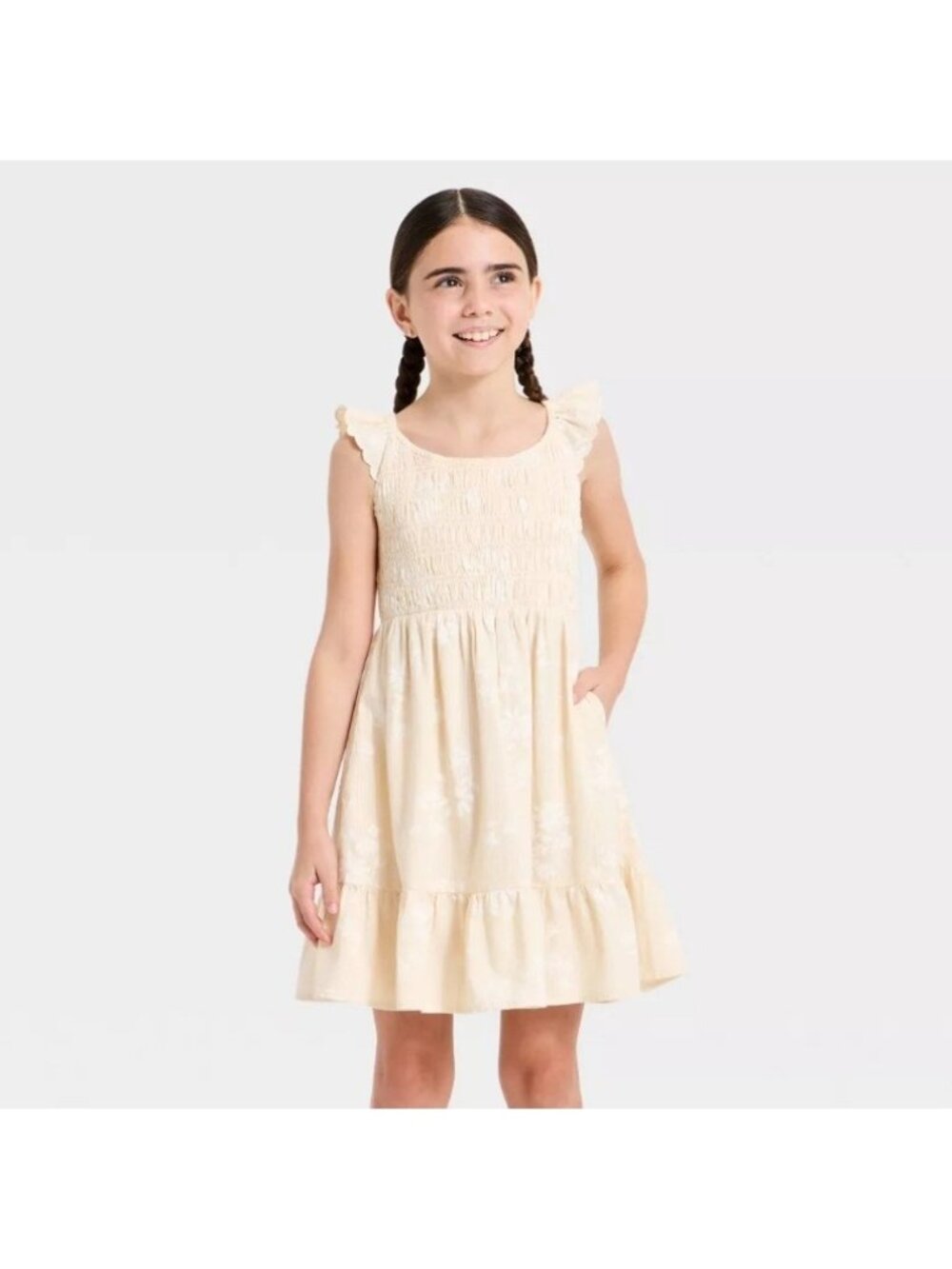 Cat & Jack Girls' Smocked Floral Ruffle Cap Sleeve Dress READ Off-White Size M